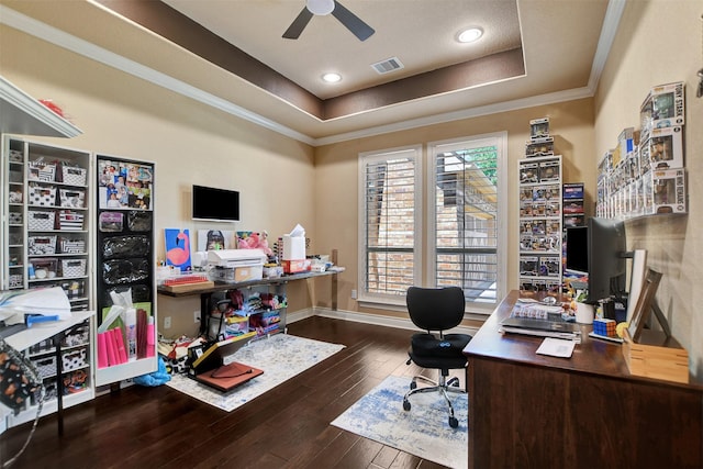 12603 Mostyn Ct, Magnolia, TX 77354 - office area with hardwood / wood-style floors, visible vents, crown molding, a ceiling fan, and a tray ceiling