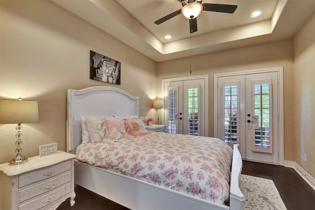 12603 Mostyn Ct, Magnolia, TX 77354 - bedroom featuring french doors, baseboards, recessed lighting, dark wood-style flooring, and access to outside