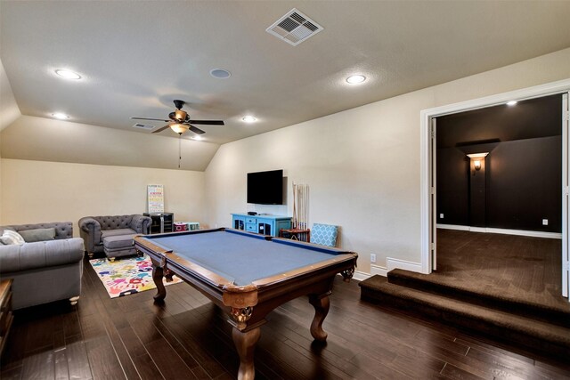 12603 Mostyn Ct, Magnolia, TX 77354 - game room with a ceiling fan, dark wood finished floors, visible vents, vaulted ceiling, and pool table