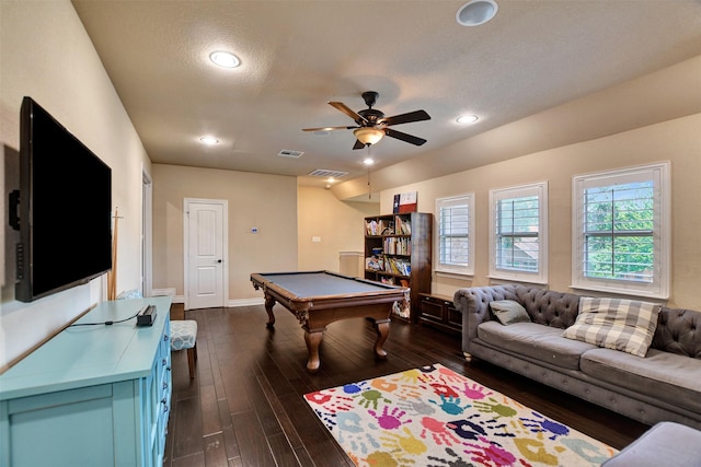 12603 Mostyn Ct, Magnolia, TX 77354 - playroom featuring visible vents, recessed lighting, dark wood finished floors, ceiling fan, and billiards