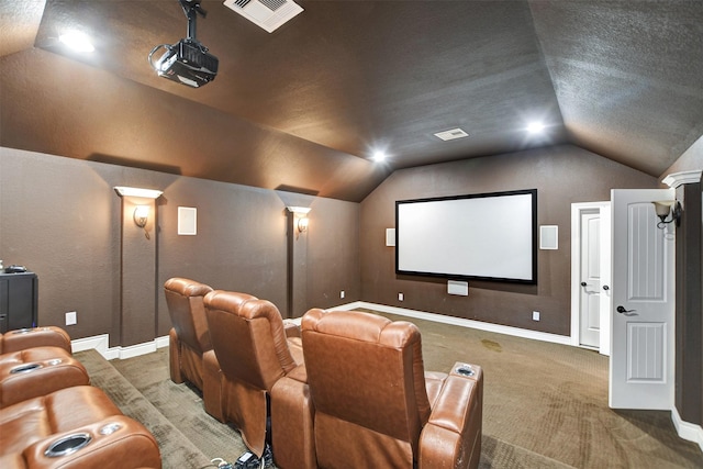 12603 Mostyn Ct, Magnolia, TX 77354 - carpeted cinema with lofted ceiling, baseboards, and visible vents