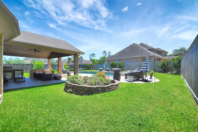 12603 Mostyn Ct, Magnolia, TX 77354 - view of yard featuring a fenced backyard, a patio, a fenced in pool, and outdoor lounge area