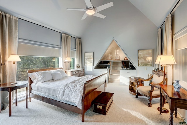 2003 Arrowwood Cir N, Houston, TX 77063 - bedroom with high vaulted ceiling, a ceiling fan, and carpet