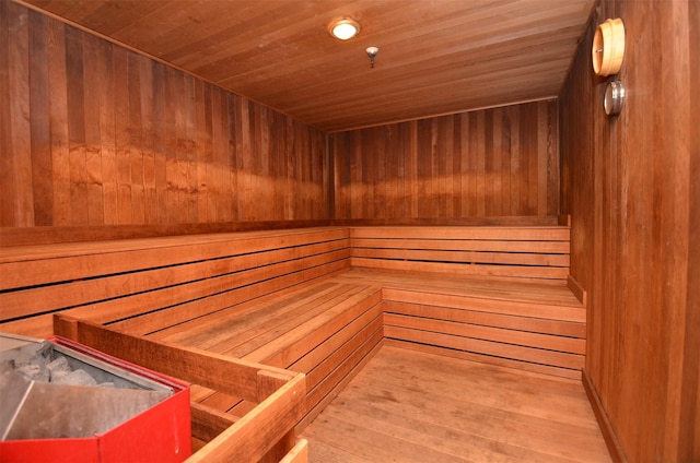 view of sauna featuring wood finished floors