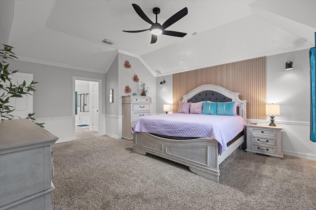 bedroom with lofted ceiling, carpet flooring, ornamental molding, ceiling fan, and visible vents