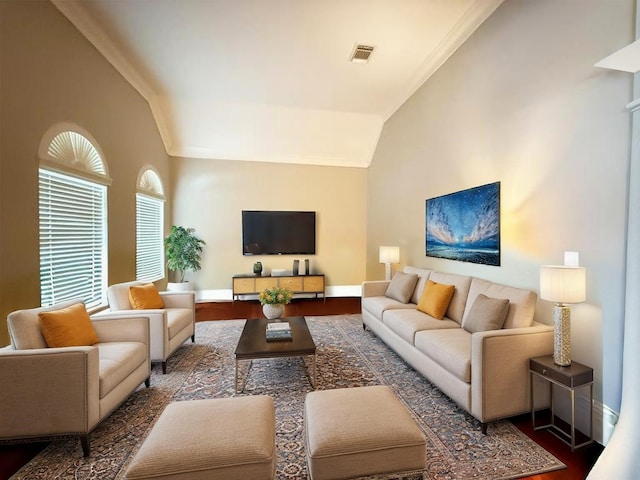 living room featuring baseboards, wood finished floors, and visible vents