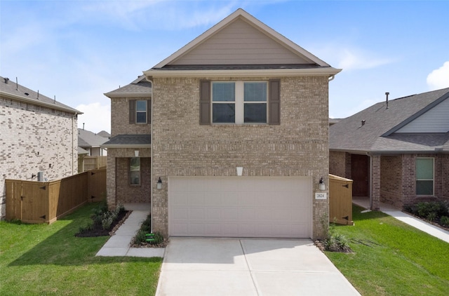 traditional-style house featuring brick siding, a front yard, a garage, and concrete driveway