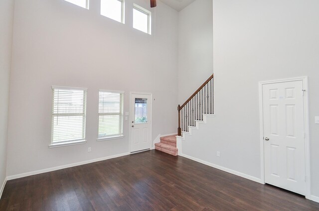 24430 Vittorio Wood Ln, Katy, TX 77493 - entrance foyer with a high ceiling, healthy amount of natural light, dark wood-style floors, and ceiling fan