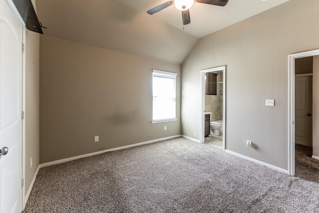 3713 Daisy Ln, Huntsville, TX 77340 - unfurnished bedroom with lofted ceiling, baseboards, light colored carpet, ceiling fan, and ensuite bathroom