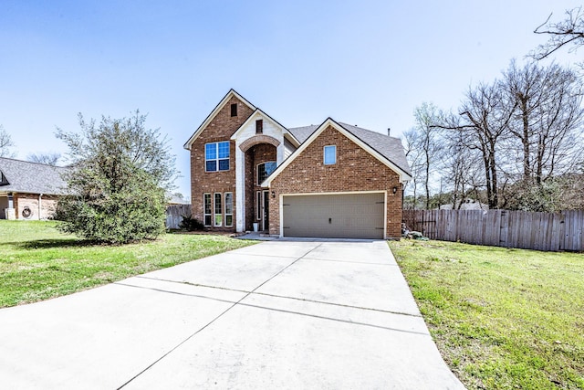 3713 Daisy Ln, Huntsville, TX 77340 - traditional-style house featuring concrete driveway, fence, brick siding, an attached garage, and a front yard