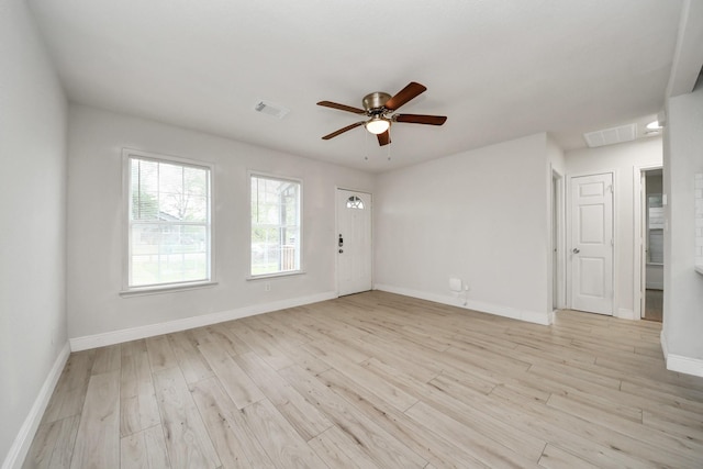 unfurnished living room featuring baseboards, ceiling fan, light wood finished floors, and visible vents