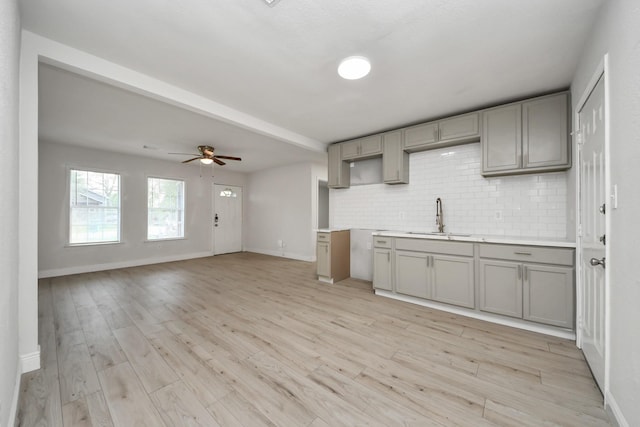 kitchen with a sink, decorative backsplash, gray cabinets, and baseboards
