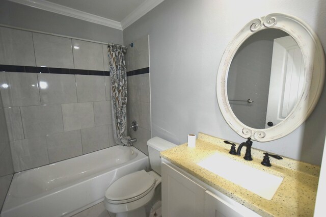 504 Cedar St, Sweeny, TX 77480 - full bath with vanity, shower / bathtub combination with curtain, toilet, and ornamental molding
