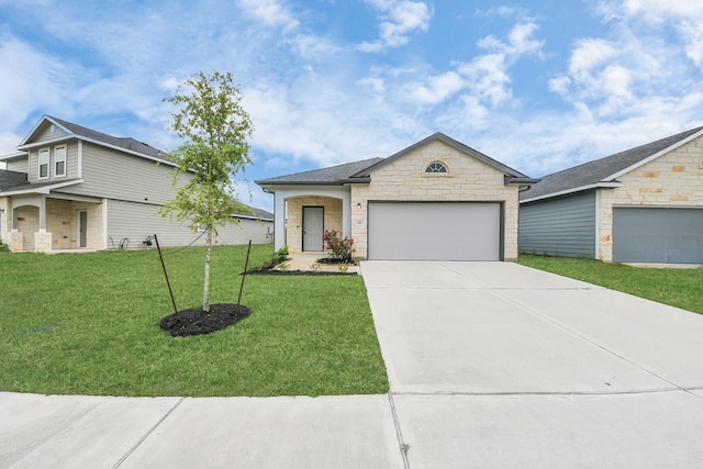 single story home featuring an attached garage, a front yard, and concrete driveway