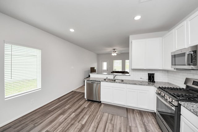 kitchen featuring a ceiling fan, backsplash, appliances with stainless steel finishes, and a sink