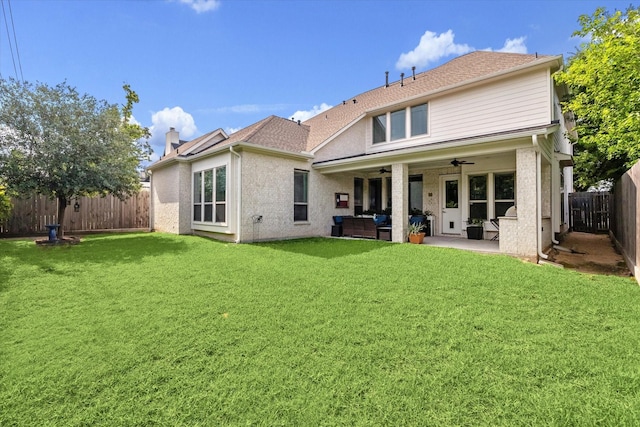 6605 Rolla St, Houston, TX 77055 - rear view of property with an outdoor living space, a fenced backyard, ceiling fan, a patio area, and a lawn