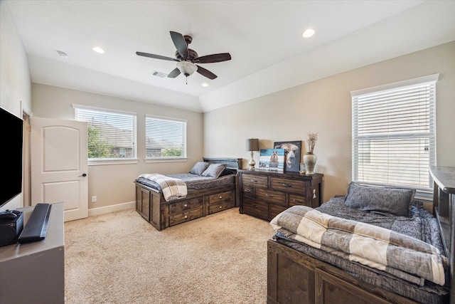 8207 Mesquite Hill Ln, Richmond, TX 77469 - bedroom featuring visible vents, baseboards, recessed lighting, light colored carpet, and a ceiling fan
