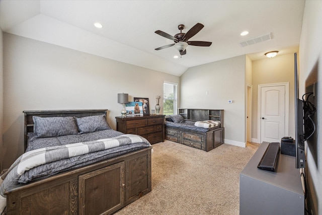 8207 Mesquite Hill Ln, Richmond, TX 77469 - bedroom featuring ceiling fan, visible vents, light colored carpet, lofted ceiling, and recessed lighting