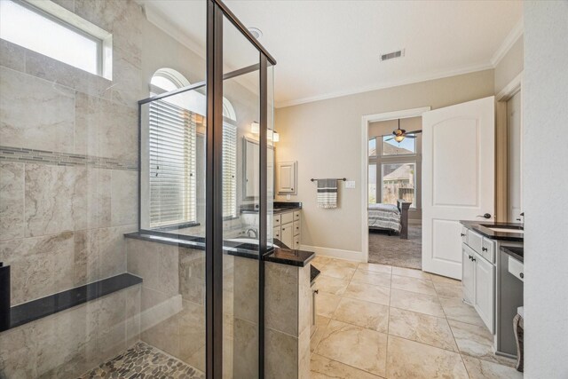 8207 Mesquite Hill Ln, Richmond, TX 77469 - ensuite bathroom with visible vents, crown molding, a shower stall, vanity, and ensuite bath