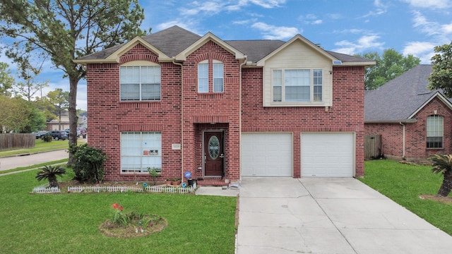 view of front of home featuring concrete driveway, a front lawn, a shingled roof, a garage, and brick siding