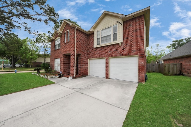 view of front of property featuring concrete driveway, a front lawn, fence, a garage, and brick siding