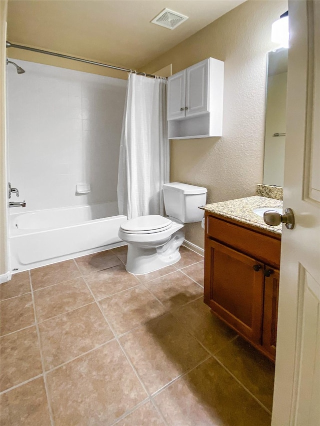 full bathroom featuring tile patterned floors, toilet, visible vents, shower / bathtub combination with curtain, and vanity