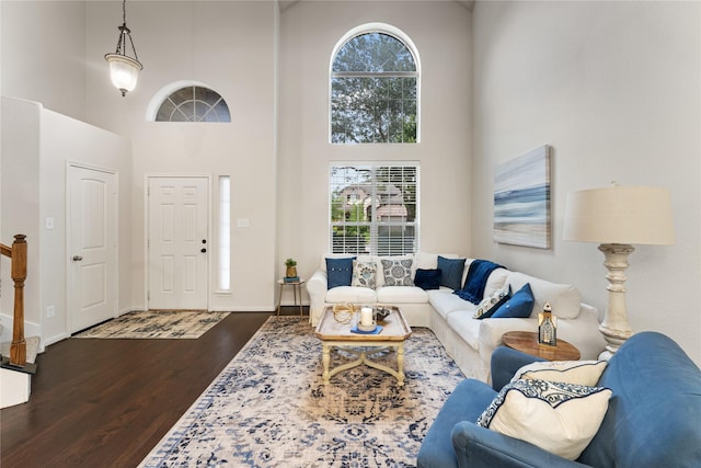 18823 Cove Mill Ln, Cypress, TX 77433 - living area featuring dark wood-style flooring, a high ceiling, and healthy amount of natural light