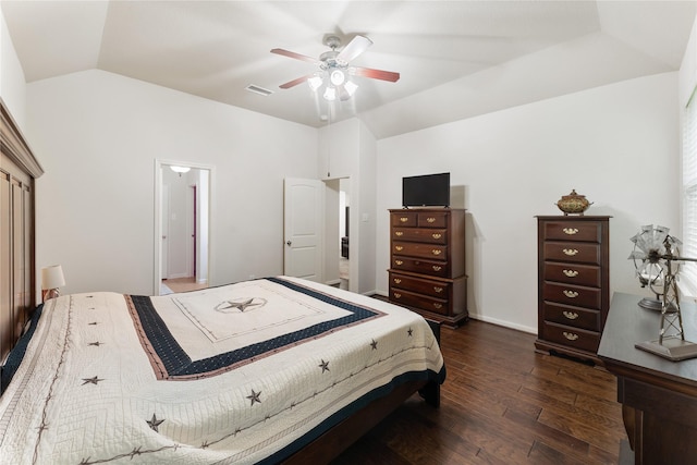 18823 Cove Mill Ln, Cypress, TX 77433 - bedroom with lofted ceiling, dark wood-style flooring, and ceiling fan