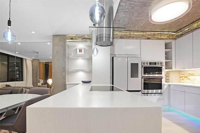 kitchen featuring refrigerator with glass door, open shelves, modern cabinets, black electric stovetop, and white cabinetry