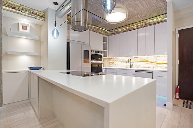 kitchen featuring open shelves, modern cabinets, white cabinetry, and appliances with stainless steel finishes