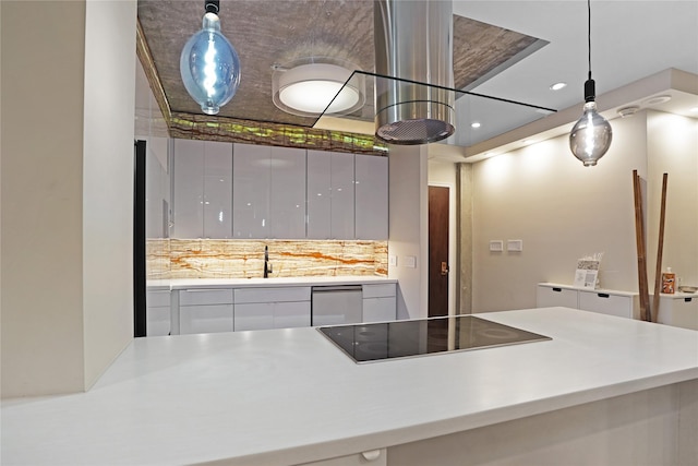 kitchen with stainless steel dishwasher, recessed lighting, modern cabinets, black electric stovetop, and hanging light fixtures