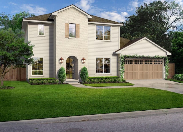 view of front of property with an attached garage, a front yard, concrete driveway, and fence