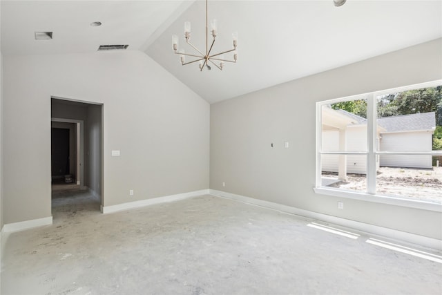 unfurnished room featuring lofted ceiling, concrete floors, visible vents, baseboards, and a chandelier