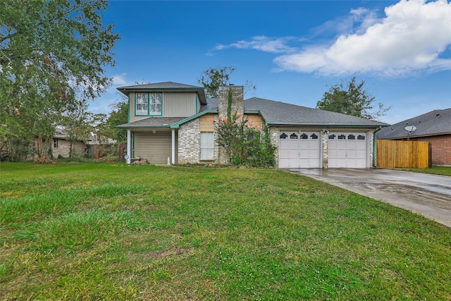 906 N Chamfer Way, Crosby, TX 77532 - traditional-style house with a chimney, fence, a front lawn, concrete driveway, and a garage