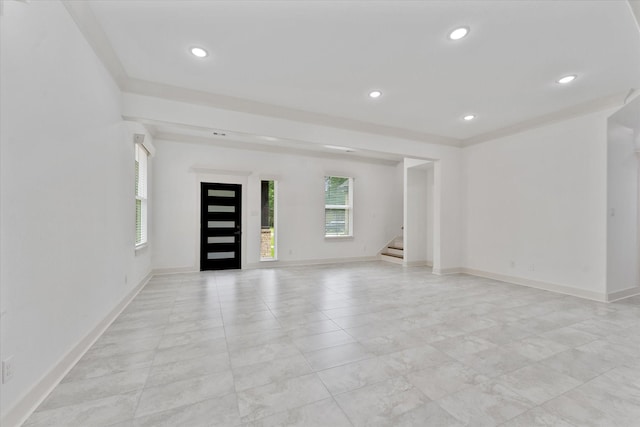 unfurnished room featuring recessed lighting, baseboards, light tile patterned flooring, and stairway