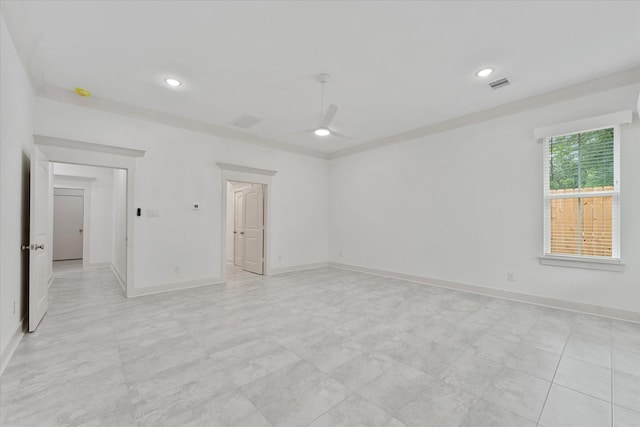 unfurnished room with visible vents, recessed lighting, baseboards, and ceiling fan