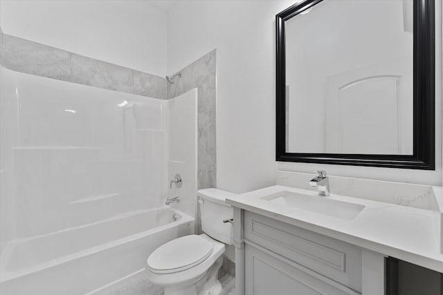 bathroom with toilet, shower / tub combination, marble finish floor, and vanity
