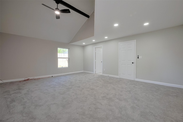 carpeted spare room featuring recessed lighting, high vaulted ceiling, baseboards, and ceiling fan