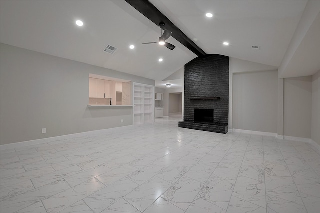 unfurnished living room featuring a fireplace, visible vents, baseboards, and ceiling fan