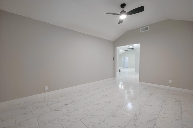 unfurnished room with baseboards, visible vents, lofted ceiling, a ceiling fan, and marble finish floor