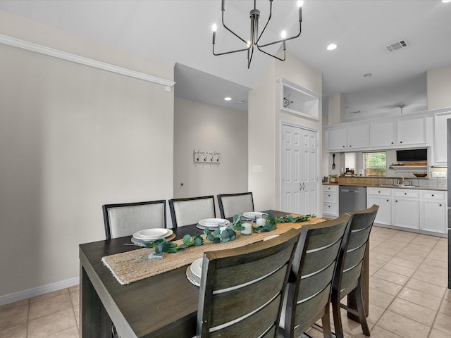 dining room with baseboards, visible vents, an inviting chandelier, recessed lighting, and light tile patterned floors