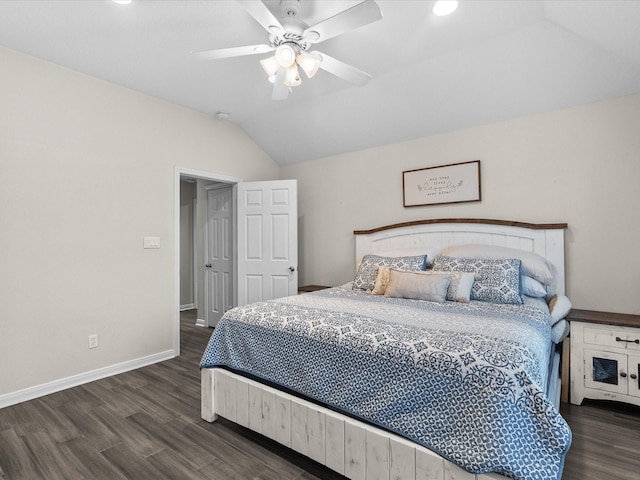 bedroom featuring recessed lighting, vaulted ceiling, a ceiling fan, dark wood-type flooring, and baseboards