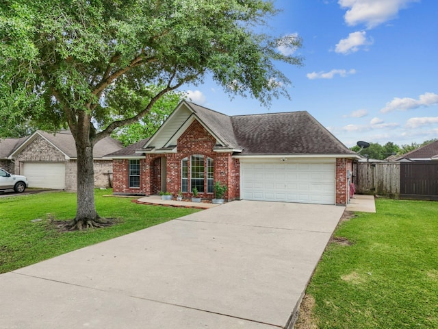 ranch-style house with concrete driveway, an attached garage, brick siding, and a front lawn