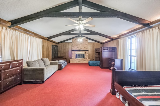 bedroom featuring wooden walls, carpet floors, and vaulted ceiling with beams