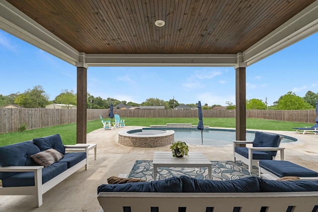 view of patio featuring an outdoor living space, a fenced backyard, and a fenced in pool