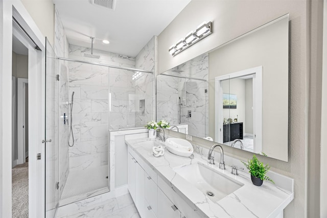 861 Prosper St, Houston, TX 77088 - full bath featuring marble finish floor, a sink, a marble finish shower, and double vanity