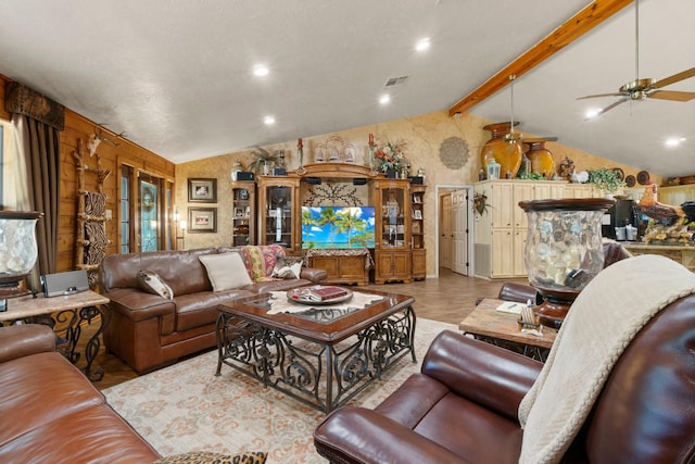 living area with a ceiling fan, wood finished floors, lofted ceiling with beams, visible vents, and recessed lighting