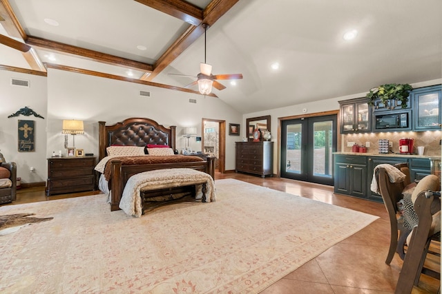 bedroom with visible vents, vaulted ceiling with beams, access to exterior, light tile patterned floors, and bar