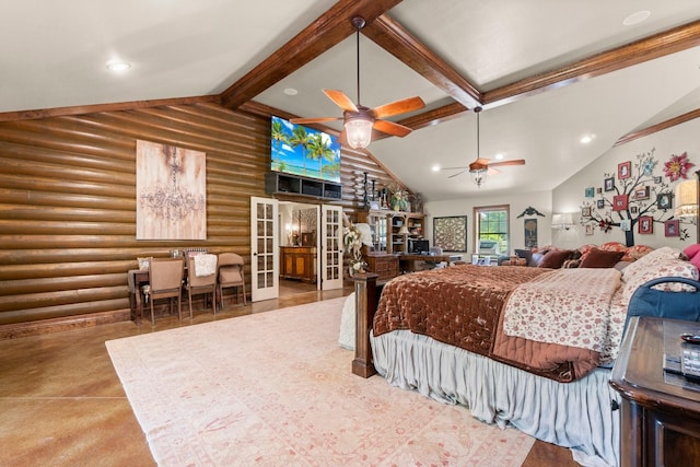 bedroom with lofted ceiling with beams, rustic walls, french doors, and recessed lighting