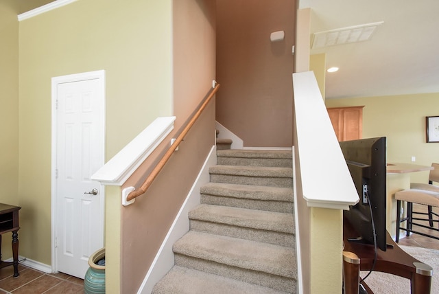 14418 Birch Knoll Ln, Houston, TX 77047 - stairs with baseboards, tile patterned floors, and recessed lighting